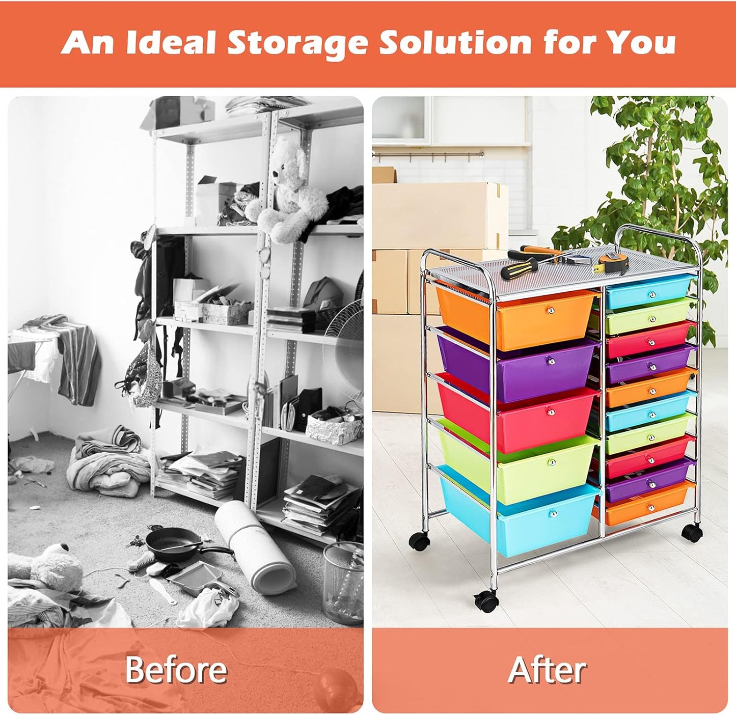 15-Drawer Rolling Storage Cart, Craft Storage Cart with Removable Drawers & Lockable Wheels, Art Cart Supply Storage Organizer for Home Office Classroom, Yellow