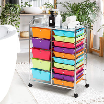 15-Drawer Rolling Storage Cart, Craft Storage Cart with Removable Drawers & Lockable Wheels, Art Cart Supply Storage Organizer for Home Office Classroom, Yellow