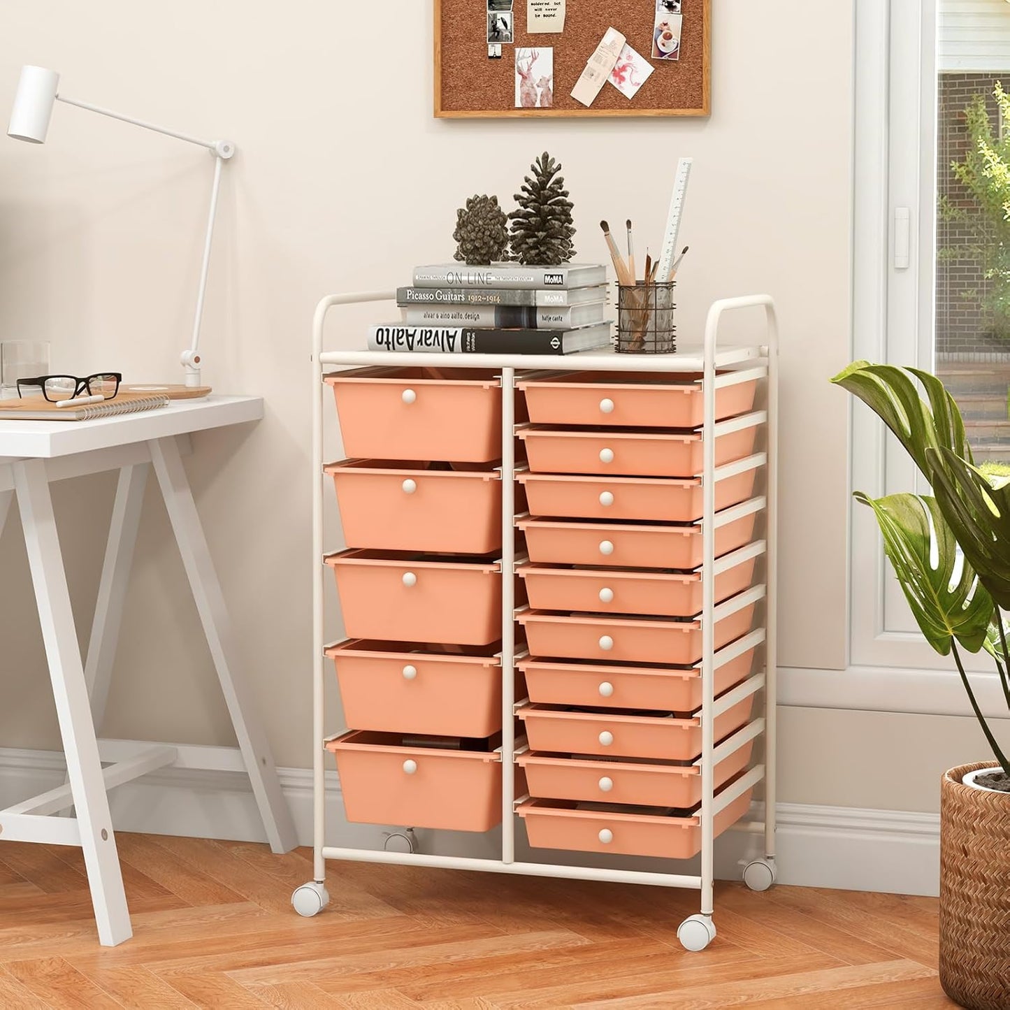 15-Drawer Rolling Storage Cart, Craft Storage Cart with Removable Drawers & Lockable Wheels, Art Cart Supply Storage Organizer for Home Office Classroom, Yellow