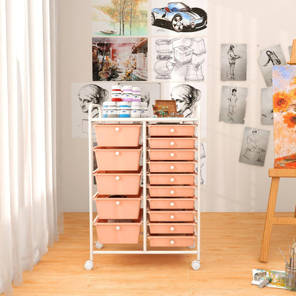 15-Drawer Rolling Storage Cart, Craft Storage Cart with Removable Drawers & Lockable Wheels, Art Cart Supply Storage Organizer for Home Office Classroom, Yellow