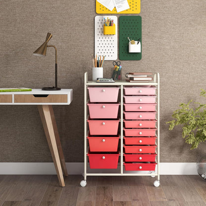 15-Drawer Rolling Storage Cart, Craft Storage Cart with Removable Drawers & Lockable Wheels, Art Cart Supply Storage Organizer for Home Office Classroom, Yellow