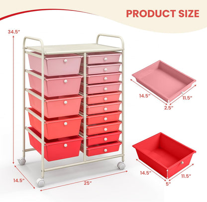 15-Drawer Rolling Storage Cart, Craft Storage Cart with Removable Drawers & Lockable Wheels, Art Cart Supply Storage Organizer for Home Office Classroom, Yellow