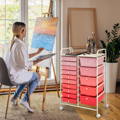 15-Drawer Rolling Storage Cart, Craft Storage Cart with Removable Drawers & Lockable Wheels, Art Cart Supply Storage Organizer for Home Office Classroom, Yellow