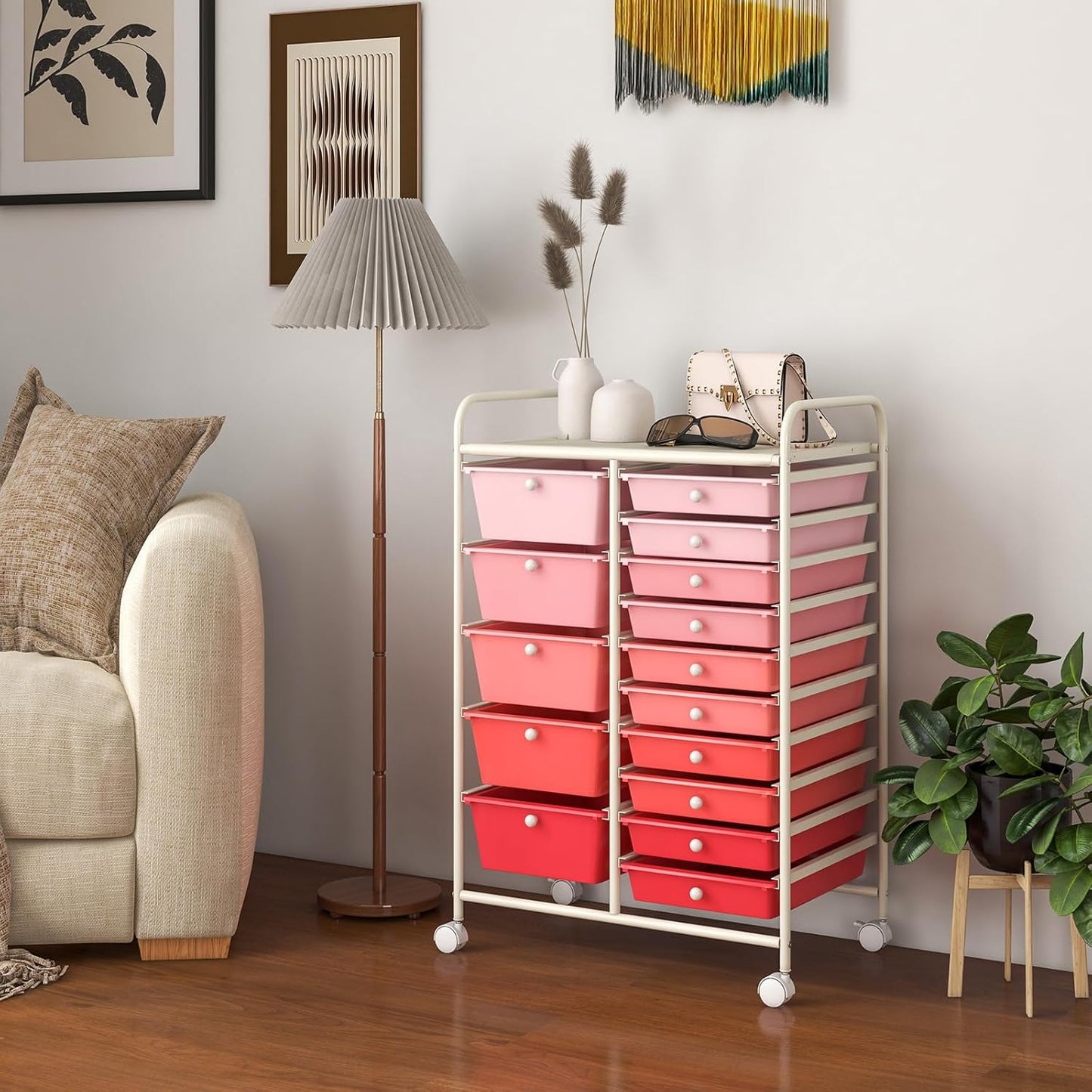 15-Drawer Rolling Storage Cart, Craft Storage Cart with Removable Drawers & Lockable Wheels, Art Cart Supply Storage Organizer for Home Office Classroom, Yellow