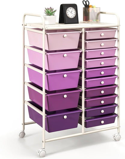 15-Drawer Rolling Storage Cart, Craft Storage Cart with Removable Drawers & Lockable Wheels, Art Cart Supply Storage Organizer for Home Office Classroom, Yellow