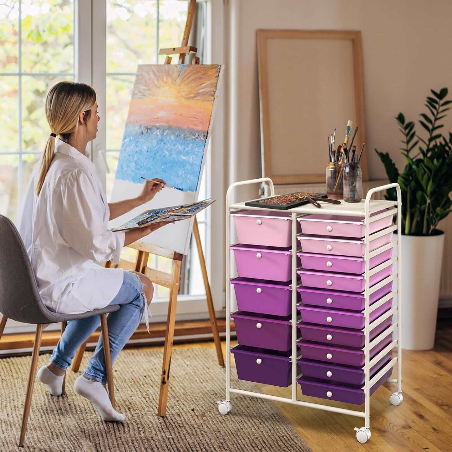 15-Drawer Rolling Storage Cart, Craft Storage Cart with Removable Drawers & Lockable Wheels, Art Cart Supply Storage Organizer for Home Office Classroom, Yellow