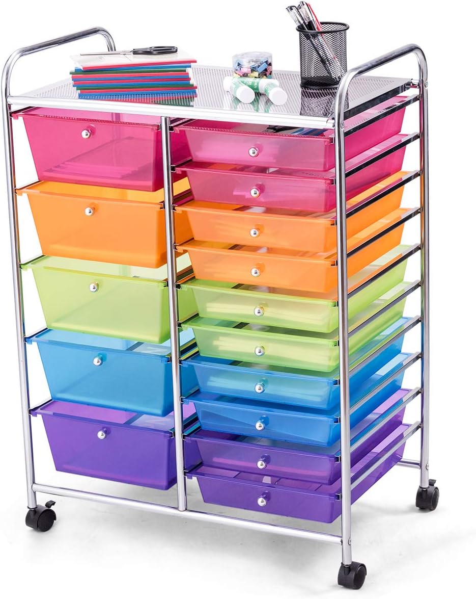 15-Drawer Rolling Storage Cart, Craft Storage Cart with Removable Drawers & Lockable Wheels, Art Cart Supply Storage Organizer for Home Office Classroom, Yellow