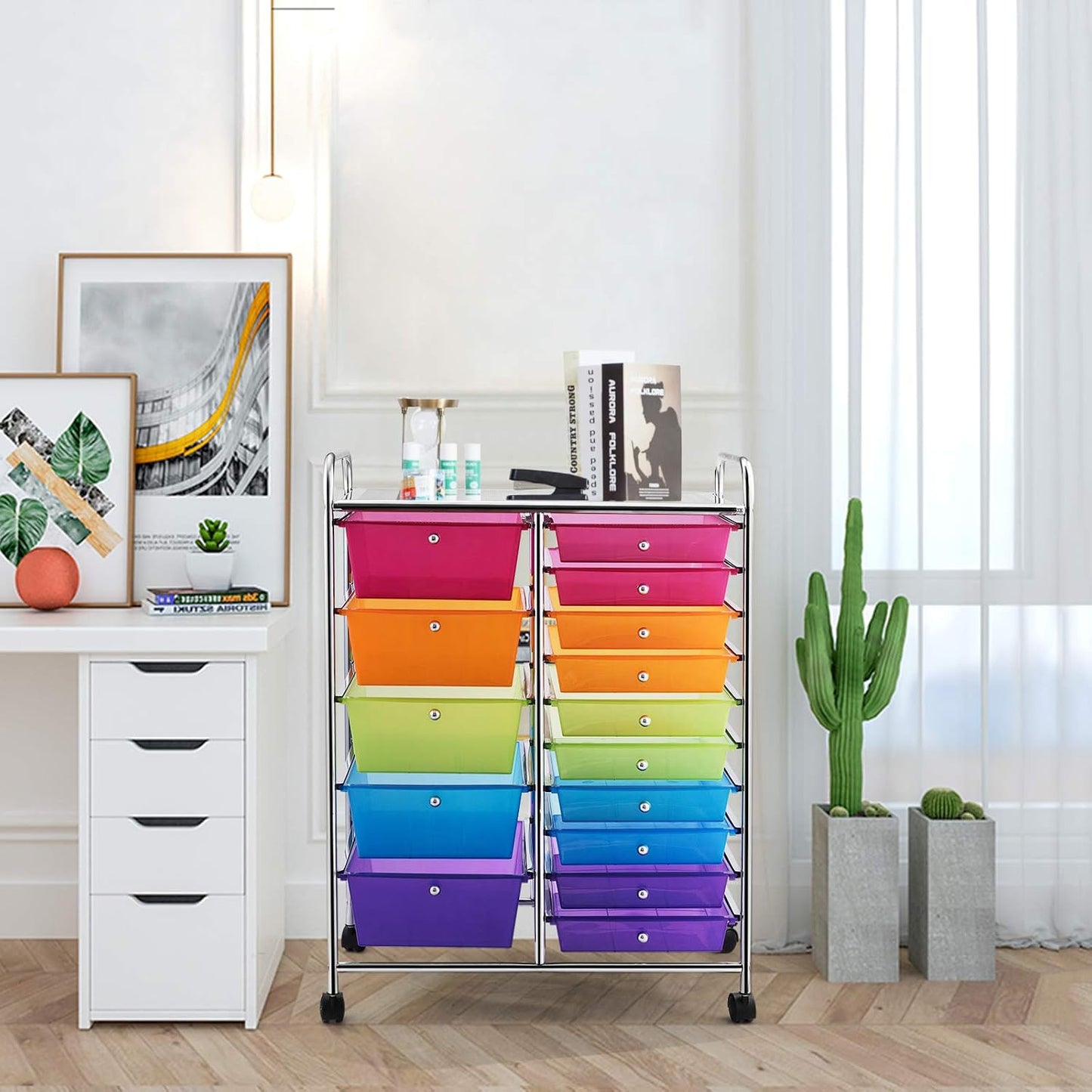 15-Drawer Rolling Storage Cart, Craft Storage Cart with Removable Drawers & Lockable Wheels, Art Cart Supply Storage Organizer for Home Office Classroom, Yellow
