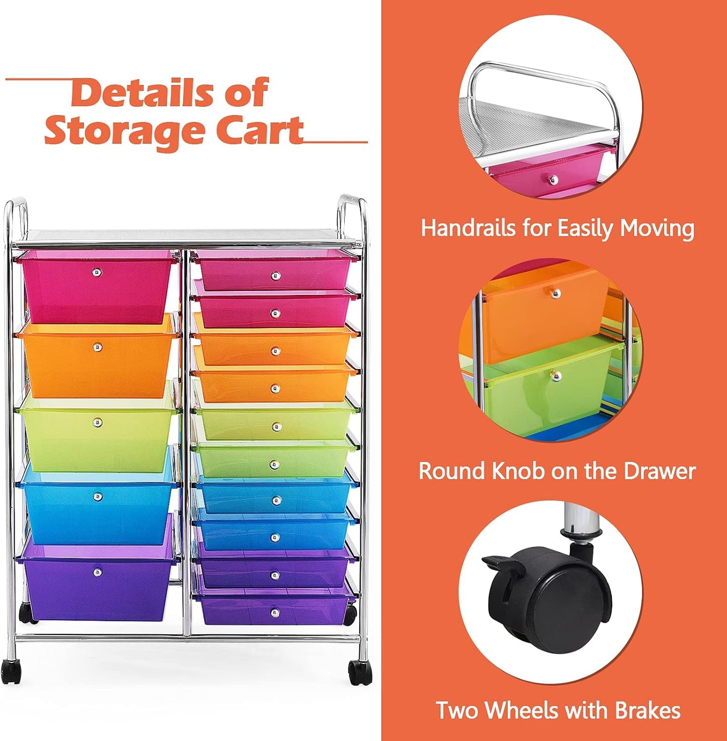 15-Drawer Rolling Storage Cart, Craft Storage Cart with Removable Drawers & Lockable Wheels, Art Cart Supply Storage Organizer for Home Office Classroom, Yellow