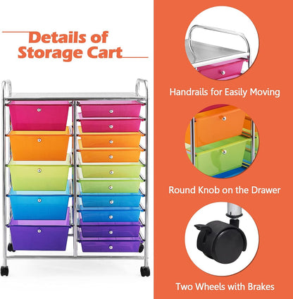 15-Drawer Rolling Storage Cart, Craft Storage Cart with Removable Drawers & Lockable Wheels, Art Cart Supply Storage Organizer for Home Office Classroom, Yellow