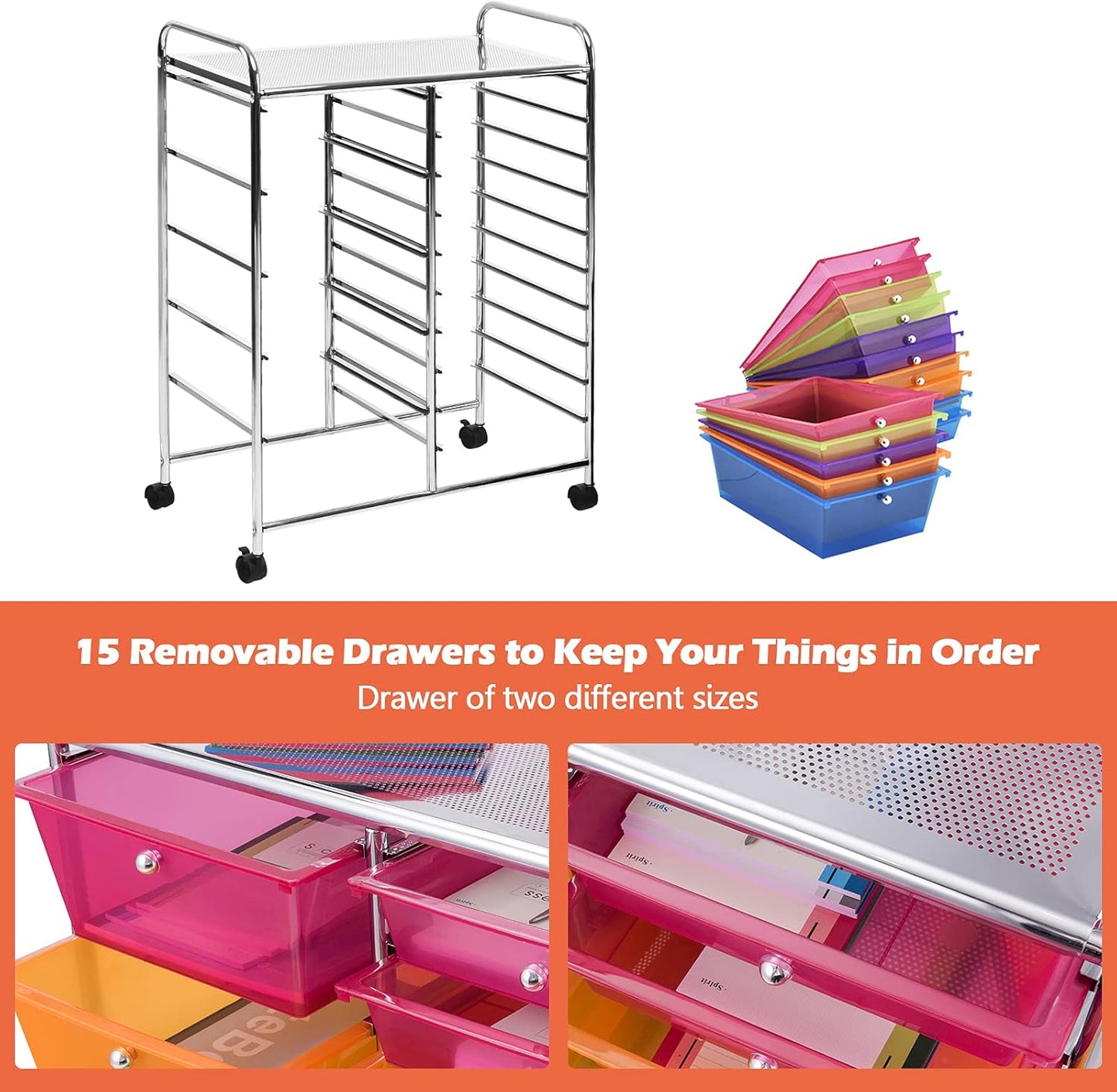 15-Drawer Rolling Storage Cart, Craft Storage Cart with Removable Drawers & Lockable Wheels, Art Cart Supply Storage Organizer for Home Office Classroom, Yellow