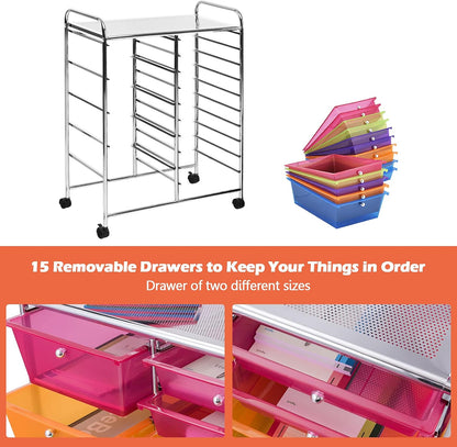 15-Drawer Rolling Storage Cart, Craft Storage Cart with Removable Drawers & Lockable Wheels, Art Cart Supply Storage Organizer for Home Office Classroom, Yellow