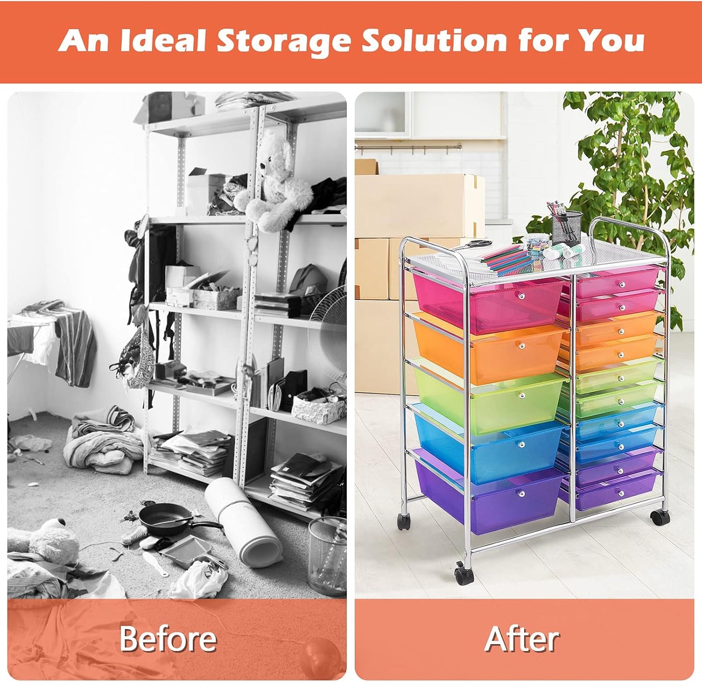 15-Drawer Rolling Storage Cart, Craft Storage Cart with Removable Drawers & Lockable Wheels, Art Cart Supply Storage Organizer for Home Office Classroom, Yellow