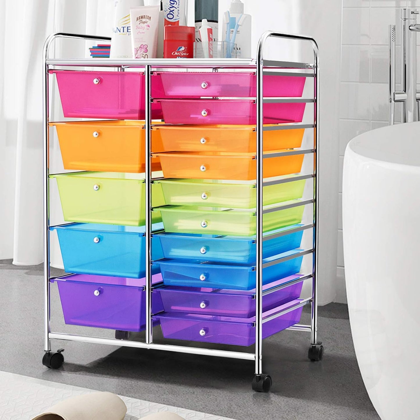 15-Drawer Rolling Storage Cart, Craft Storage Cart with Removable Drawers & Lockable Wheels, Art Cart Supply Storage Organizer for Home Office Classroom, Yellow