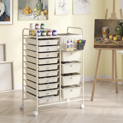 15-Drawer Rolling Storage Cart, Craft Storage Cart with Removable Drawers & Lockable Wheels, Art Cart Supply Storage Organizer for Home Office Classroom, Yellow