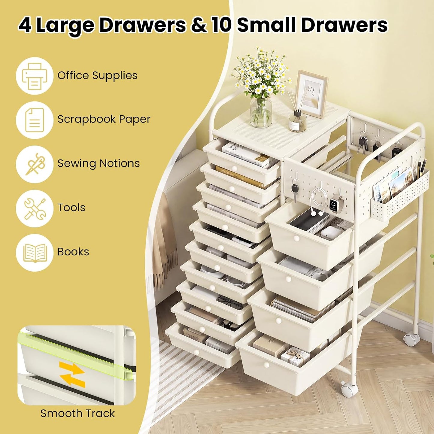15-Drawer Rolling Storage Cart, Craft Storage Cart with Removable Drawers & Lockable Wheels, Art Cart Supply Storage Organizer for Home Office Classroom, Yellow