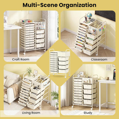 15-Drawer Rolling Storage Cart, Craft Storage Cart with Removable Drawers & Lockable Wheels, Art Cart Supply Storage Organizer for Home Office Classroom, Yellow