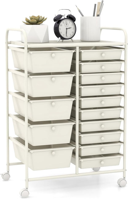 15-Drawer Rolling Storage Cart, Craft Storage Cart with Removable Drawers & Lockable Wheels, Art Cart Supply Storage Organizer for Home Office Classroom, Yellow