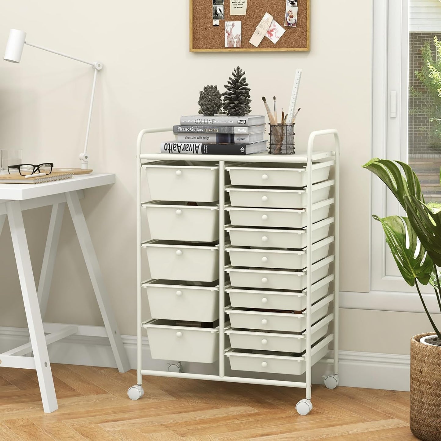 15-Drawer Rolling Storage Cart, Craft Storage Cart with Removable Drawers & Lockable Wheels, Art Cart Supply Storage Organizer for Home Office Classroom, Yellow
