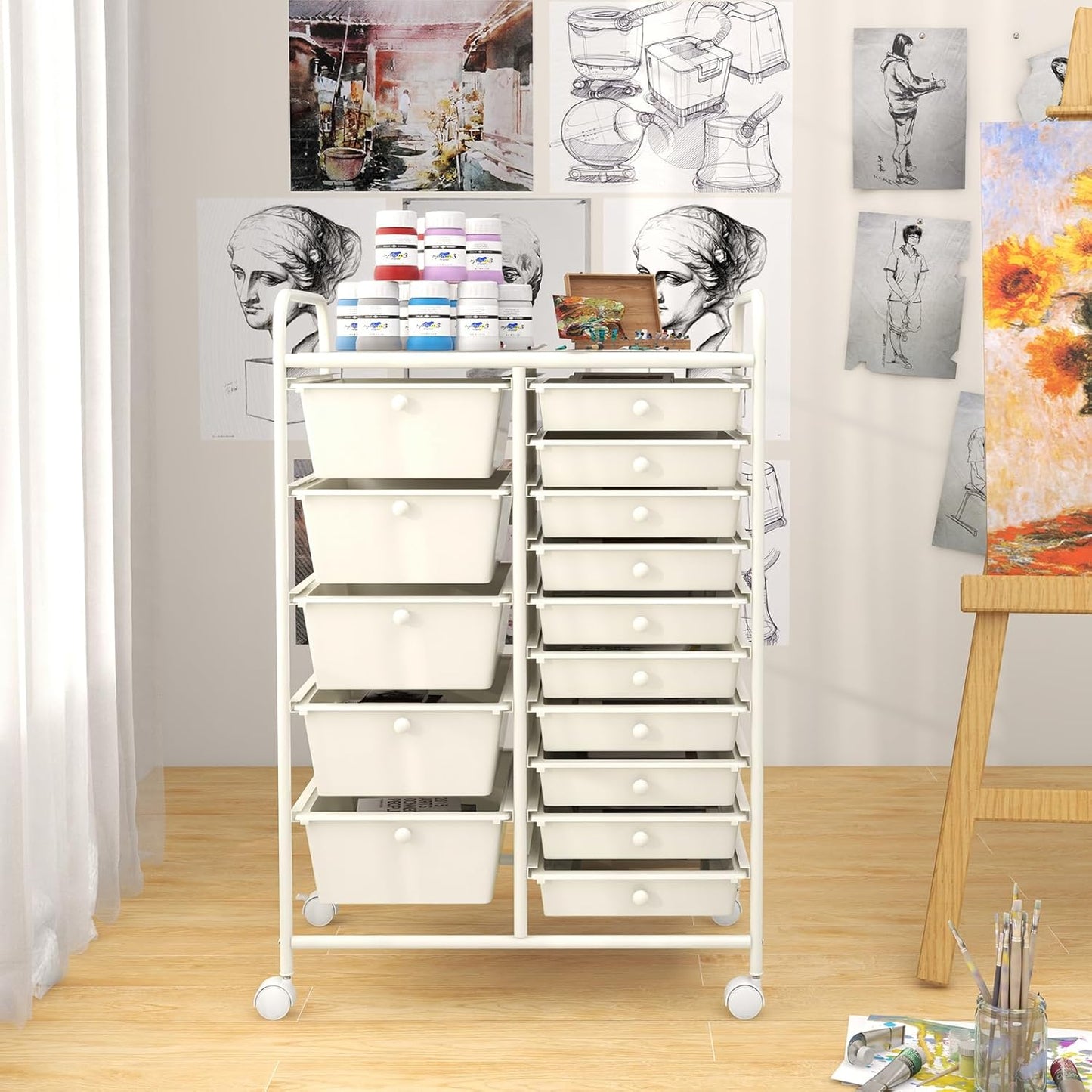 15-Drawer Rolling Storage Cart, Craft Storage Cart with Removable Drawers & Lockable Wheels, Art Cart Supply Storage Organizer for Home Office Classroom, Yellow