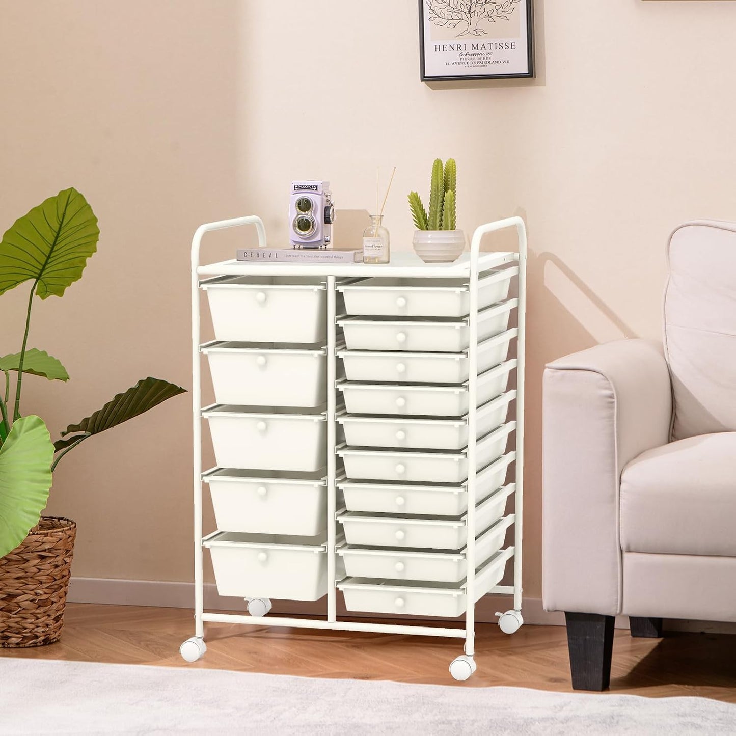 15-Drawer Rolling Storage Cart, Craft Storage Cart with Removable Drawers & Lockable Wheels, Art Cart Supply Storage Organizer for Home Office Classroom, Yellow