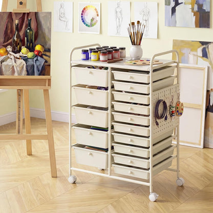 15-Drawer Rolling Storage Cart, Craft Storage Cart with Removable Drawers & Lockable Wheels, Art Cart Supply Storage Organizer for Home Office Classroom, Yellow