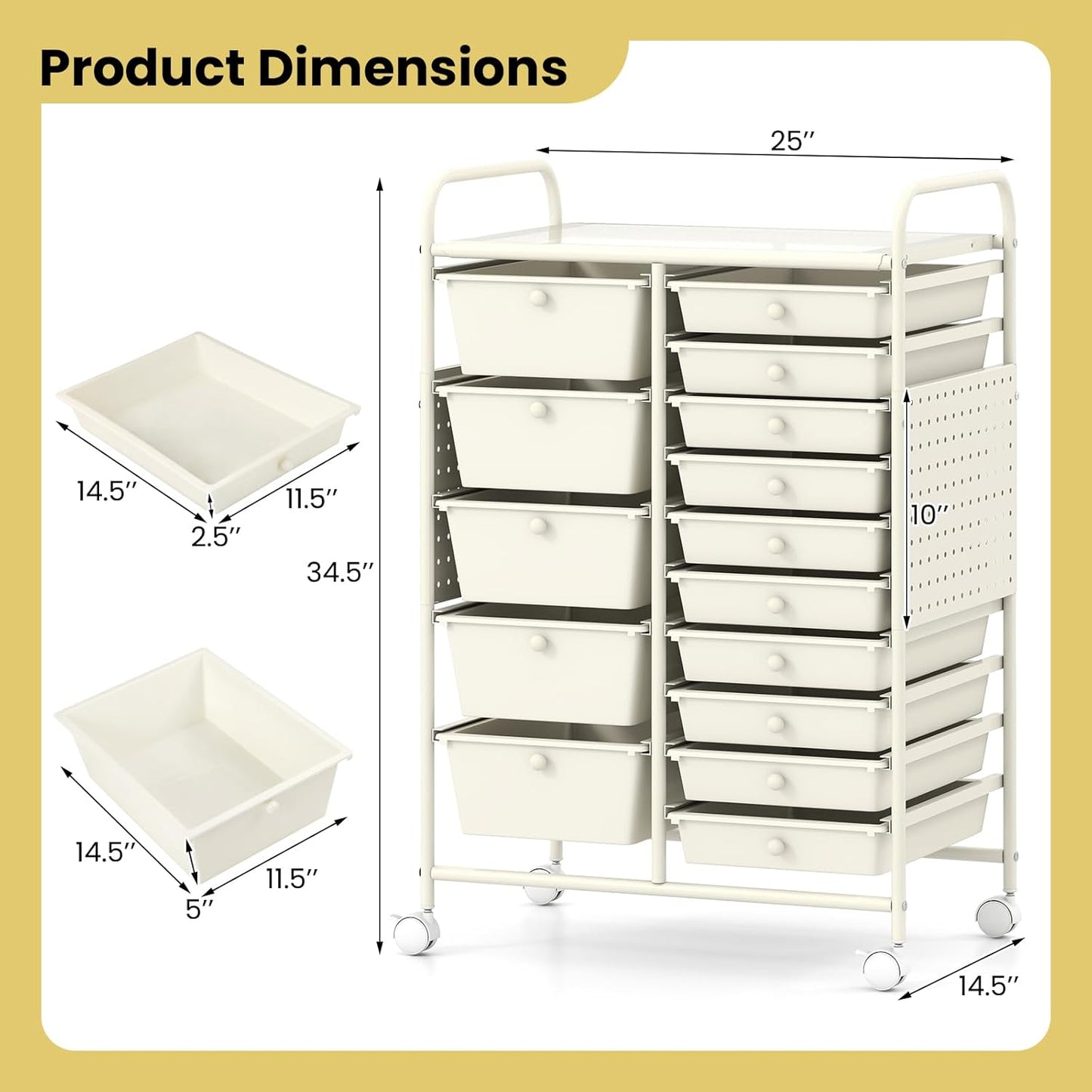 15-Drawer Rolling Storage Cart, Craft Storage Cart with Removable Drawers & Lockable Wheels, Art Cart Supply Storage Organizer for Home Office Classroom, Yellow