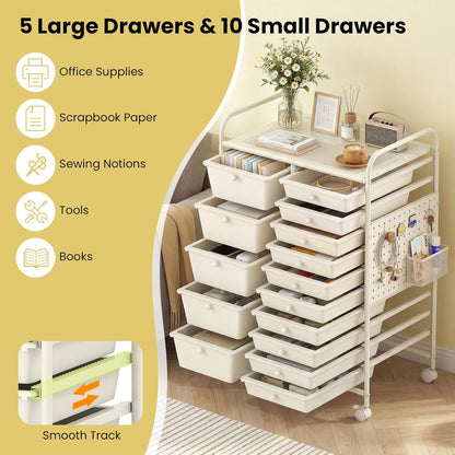 15-Drawer Rolling Storage Cart, Craft Storage Cart with Removable Drawers & Lockable Wheels, Art Cart Supply Storage Organizer for Home Office Classroom, Yellow