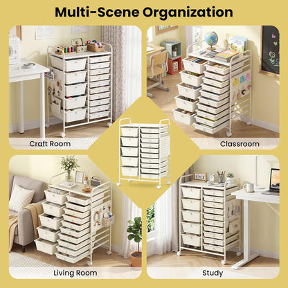 15-Drawer Rolling Storage Cart, Craft Storage Cart with Removable Drawers & Lockable Wheels, Art Cart Supply Storage Organizer for Home Office Classroom, Yellow