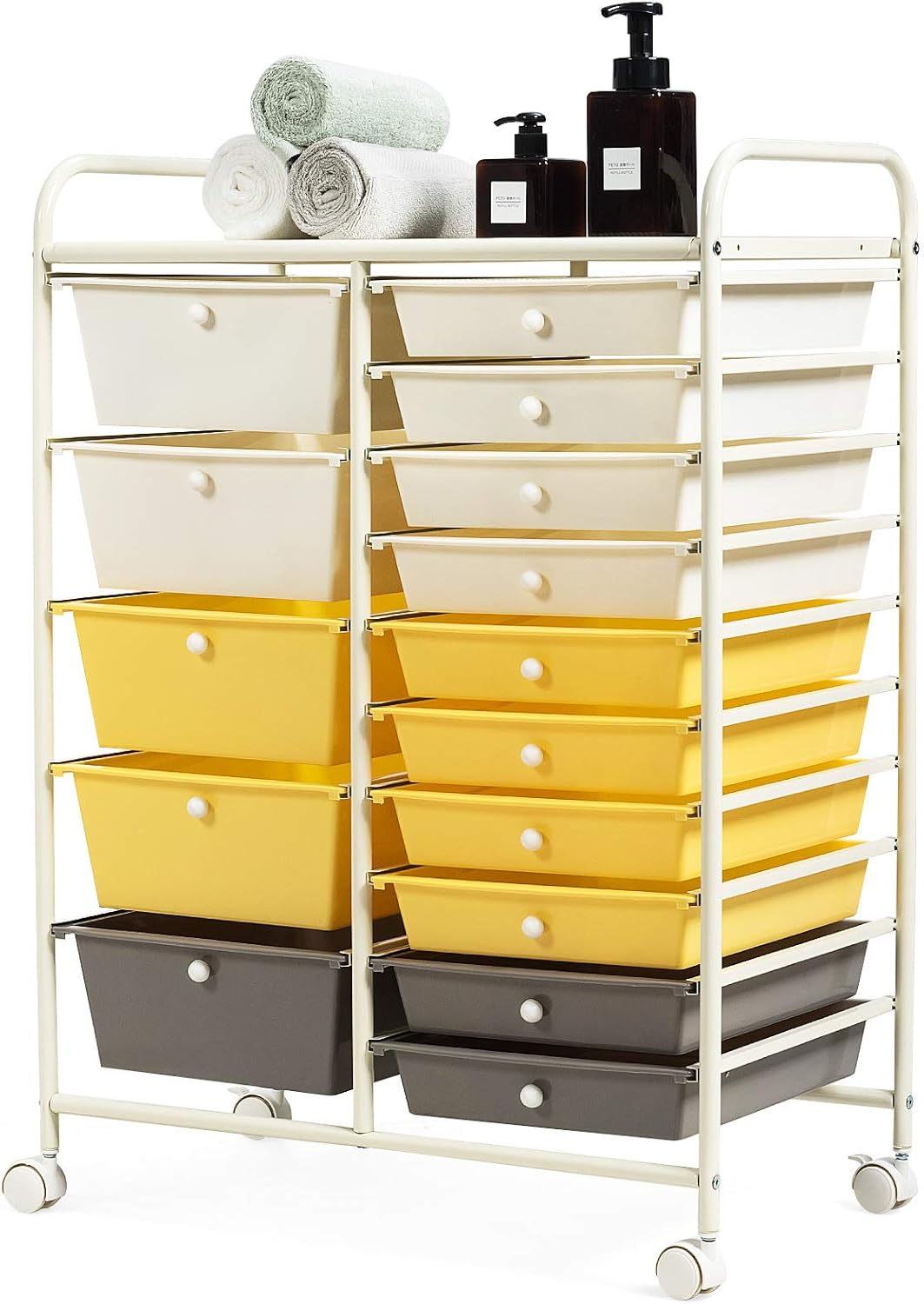 15-Drawer Rolling Storage Cart, Craft Storage Cart with Removable Drawers & Lockable Wheels, Art Cart Supply Storage Organizer for Home Office Classroom, Yellow