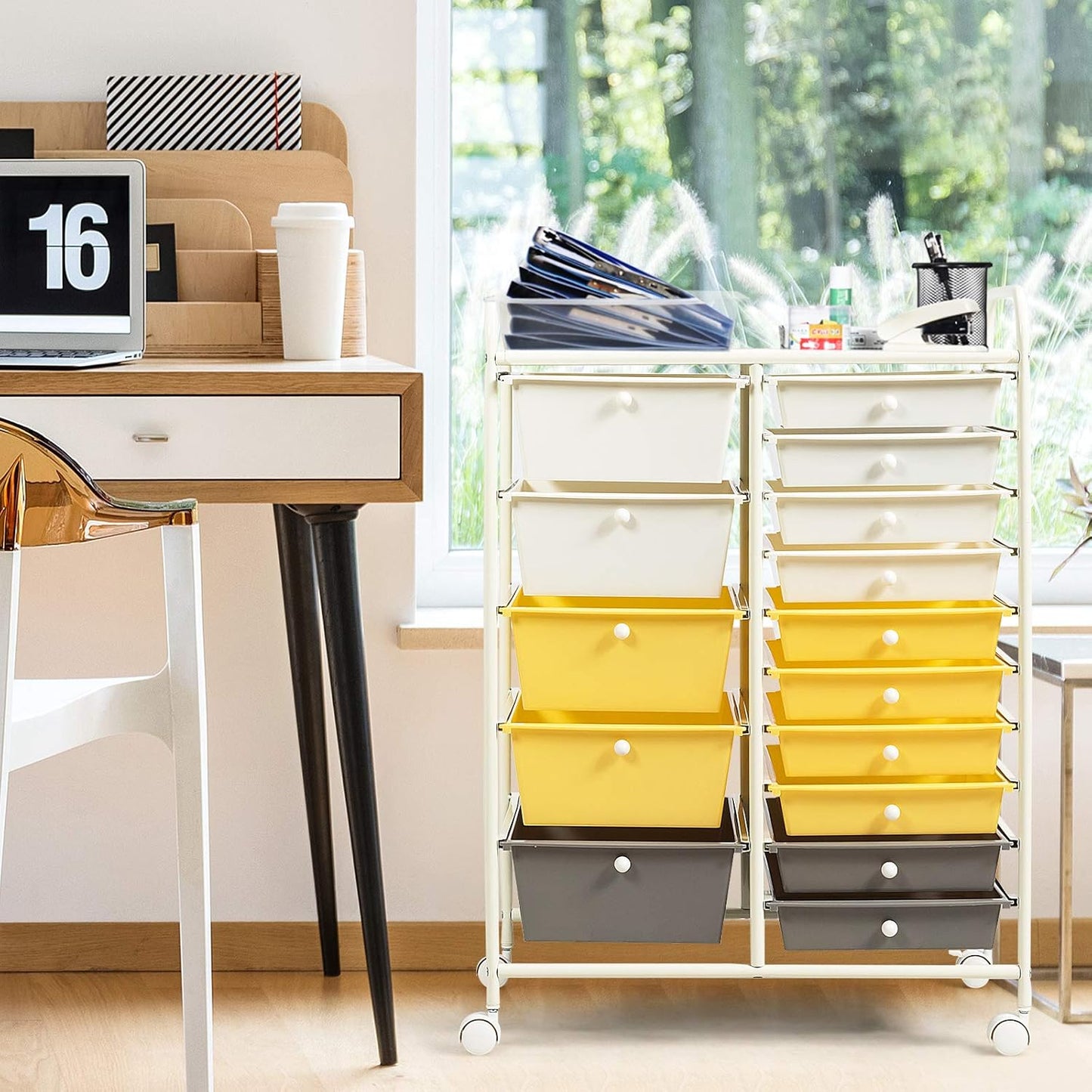 15-Drawer Rolling Storage Cart, Craft Storage Cart with Removable Drawers & Lockable Wheels, Art Cart Supply Storage Organizer for Home Office Classroom, Yellow