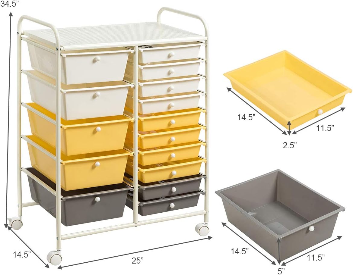 15-Drawer Rolling Storage Cart, Craft Storage Cart with Removable Drawers & Lockable Wheels, Art Cart Supply Storage Organizer for Home Office Classroom, Yellow
