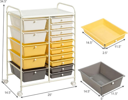 15-Drawer Rolling Storage Cart, Craft Storage Cart with Removable Drawers & Lockable Wheels, Art Cart Supply Storage Organizer for Home Office Classroom, Yellow