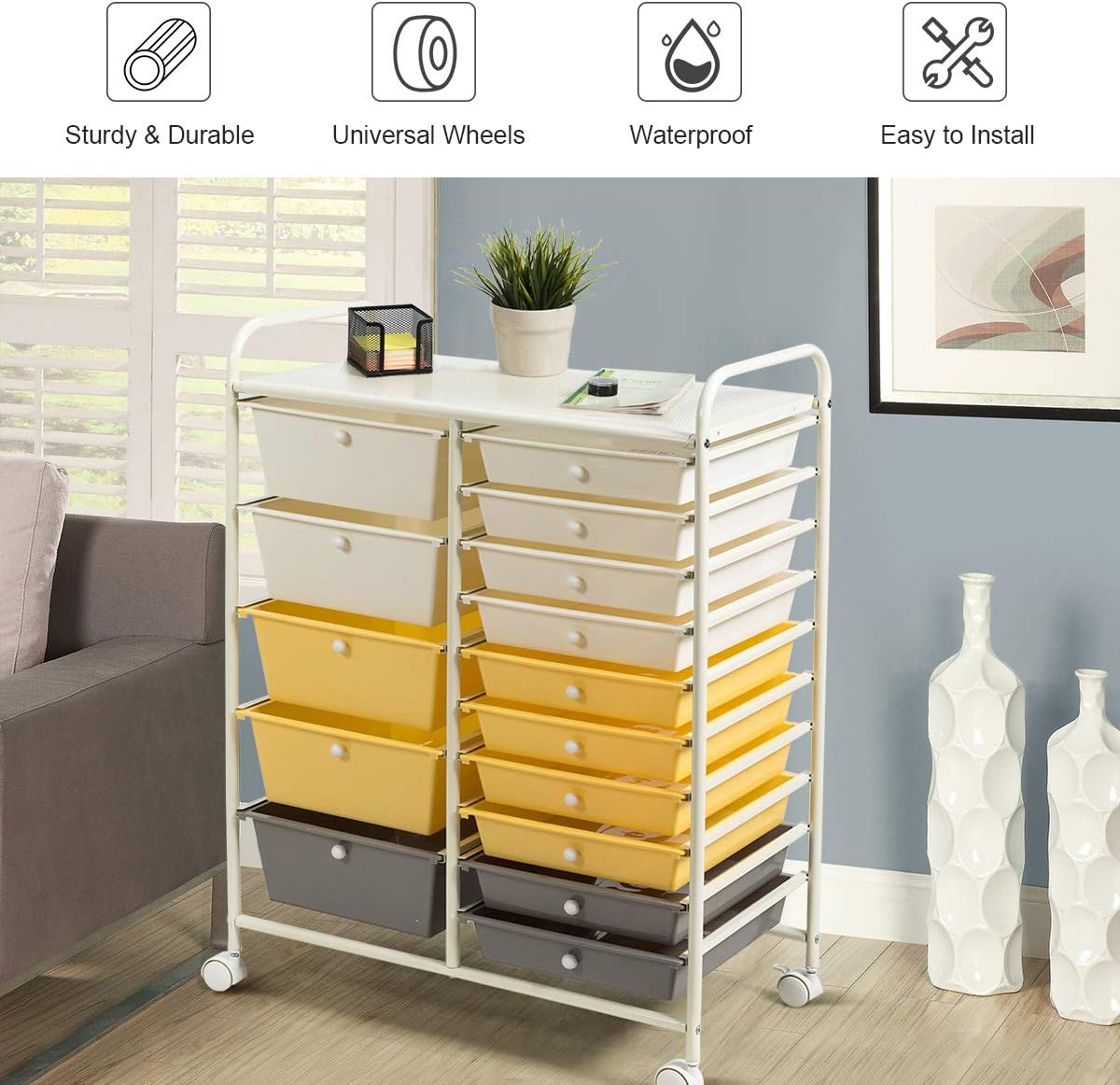 15-Drawer Rolling Storage Cart, Craft Storage Cart with Removable Drawers & Lockable Wheels, Art Cart Supply Storage Organizer for Home Office Classroom, Yellow