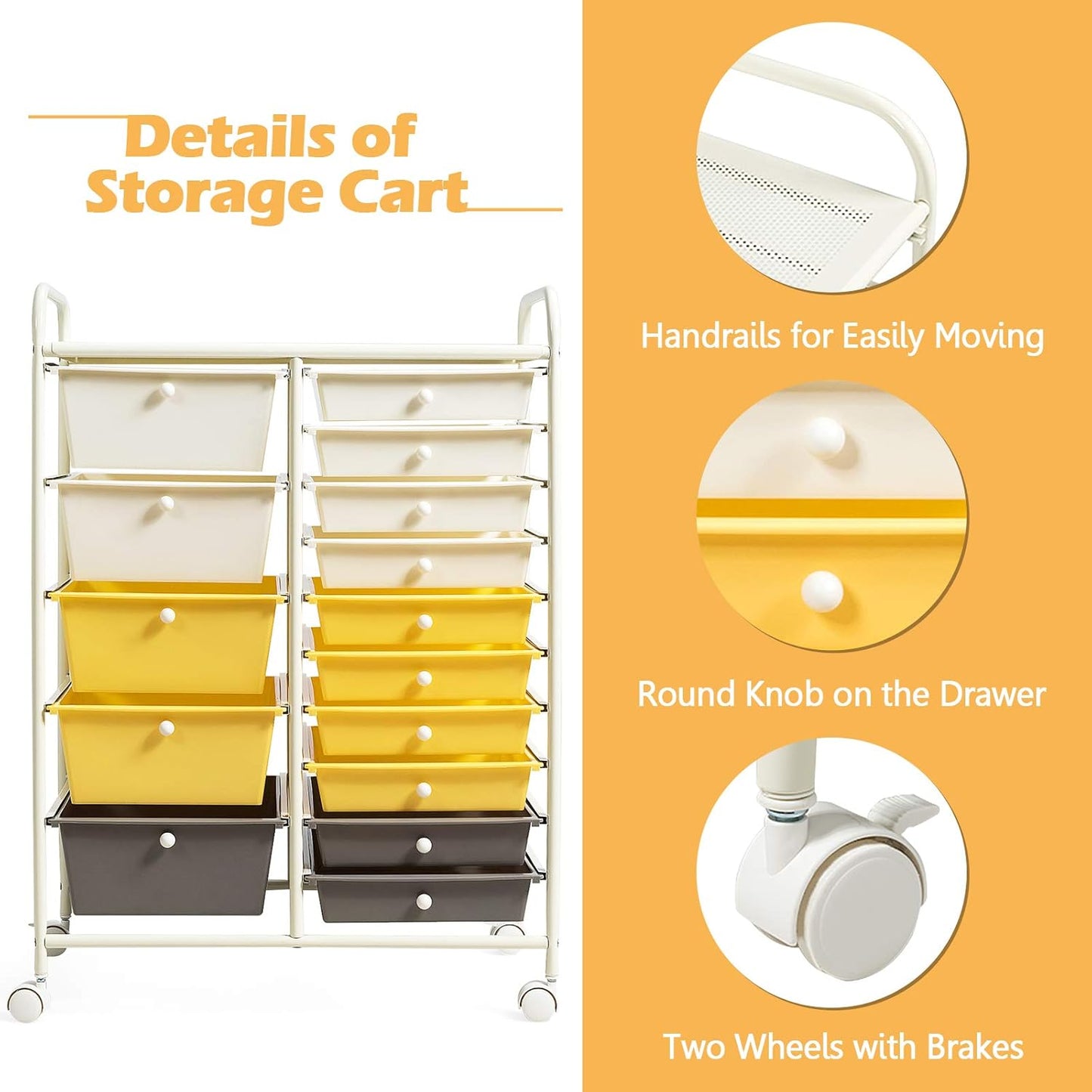 15-Drawer Rolling Storage Cart, Craft Storage Cart with Removable Drawers & Lockable Wheels, Art Cart Supply Storage Organizer for Home Office Classroom, Yellow