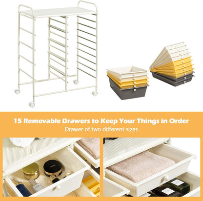 15-Drawer Rolling Storage Cart, Craft Storage Cart with Removable Drawers & Lockable Wheels, Art Cart Supply Storage Organizer for Home Office Classroom, Yellow