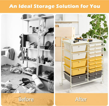 15-Drawer Rolling Storage Cart, Craft Storage Cart with Removable Drawers & Lockable Wheels, Art Cart Supply Storage Organizer for Home Office Classroom, Yellow