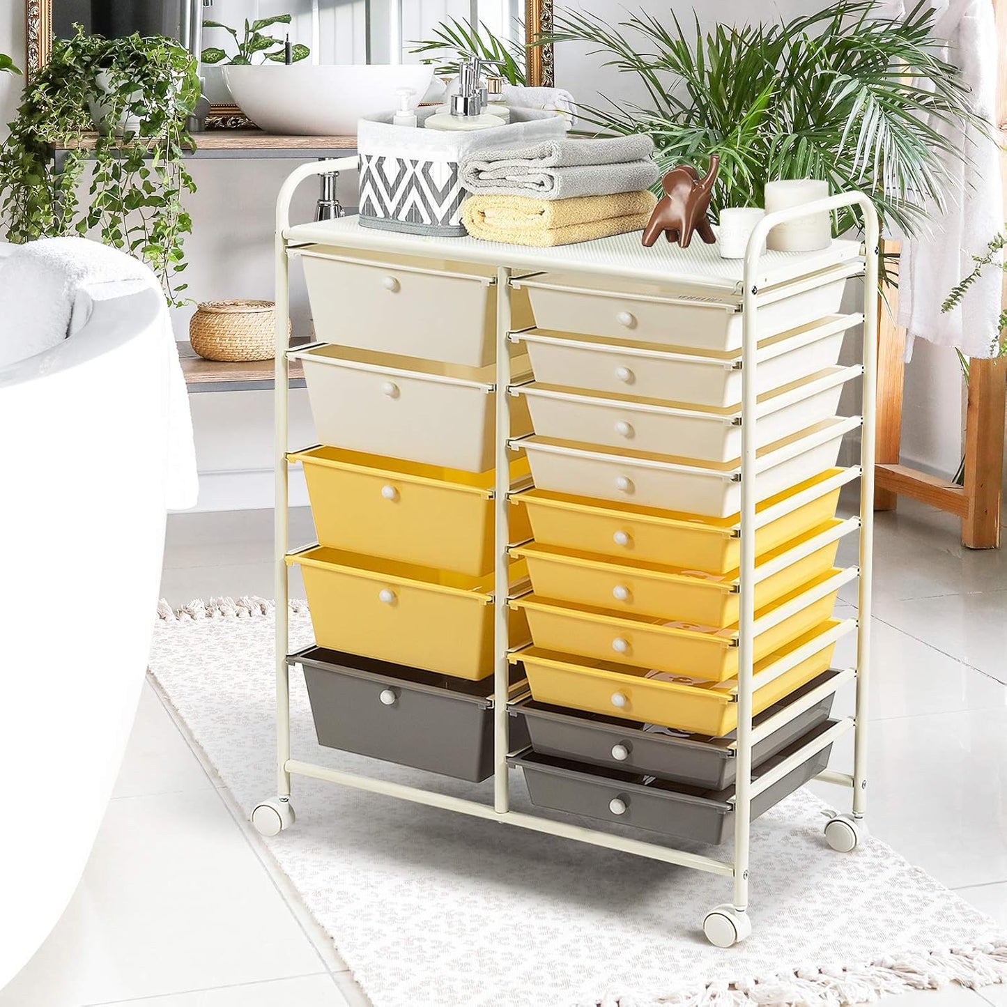 15-Drawer Rolling Storage Cart, Craft Storage Cart with Removable Drawers & Lockable Wheels, Art Cart Supply Storage Organizer for Home Office Classroom, Yellow
