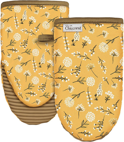Mini Oven Mitts Heat Resistant with Full Ribbed Soft Silicone Grip - Yellow Flower Kitchen Mitts for Oven Washable Non-Slip 100% Cotton Oven Mitts for Women