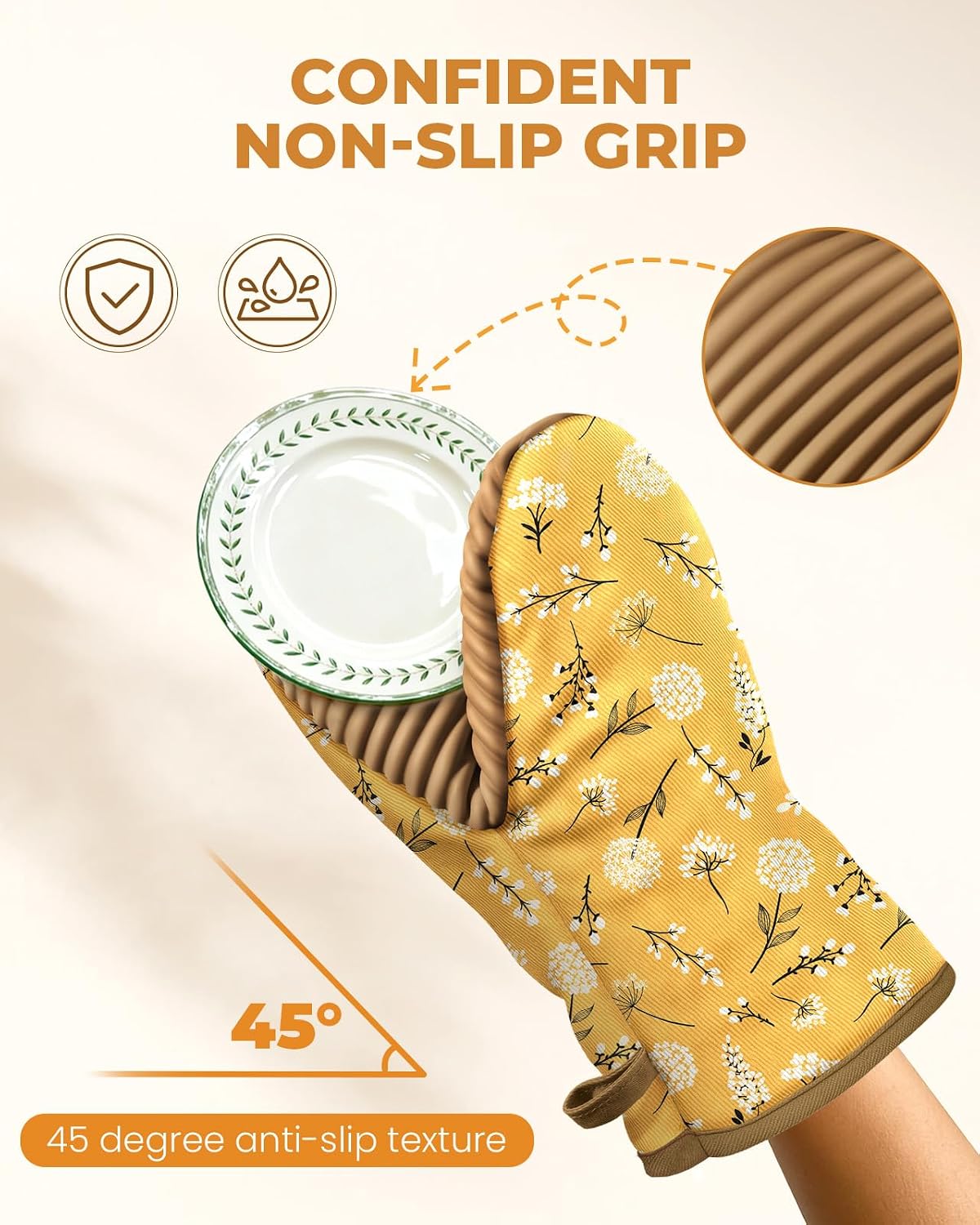 Mini Oven Mitts Heat Resistant with Full Ribbed Soft Silicone Grip - Yellow Flower Kitchen Mitts for Oven Washable Non-Slip 100% Cotton Oven Mitts for Women
