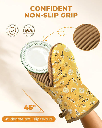 Mini Oven Mitts Heat Resistant with Full Ribbed Soft Silicone Grip - Yellow Flower Kitchen Mitts for Oven Washable Non-Slip 100% Cotton Oven Mitts for Women