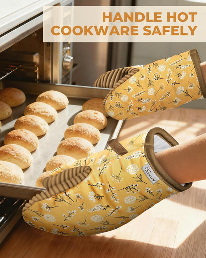 Mini Oven Mitts Heat Resistant with Full Ribbed Soft Silicone Grip - Yellow Flower Kitchen Mitts for Oven Washable Non-Slip 100% Cotton Oven Mitts for Women