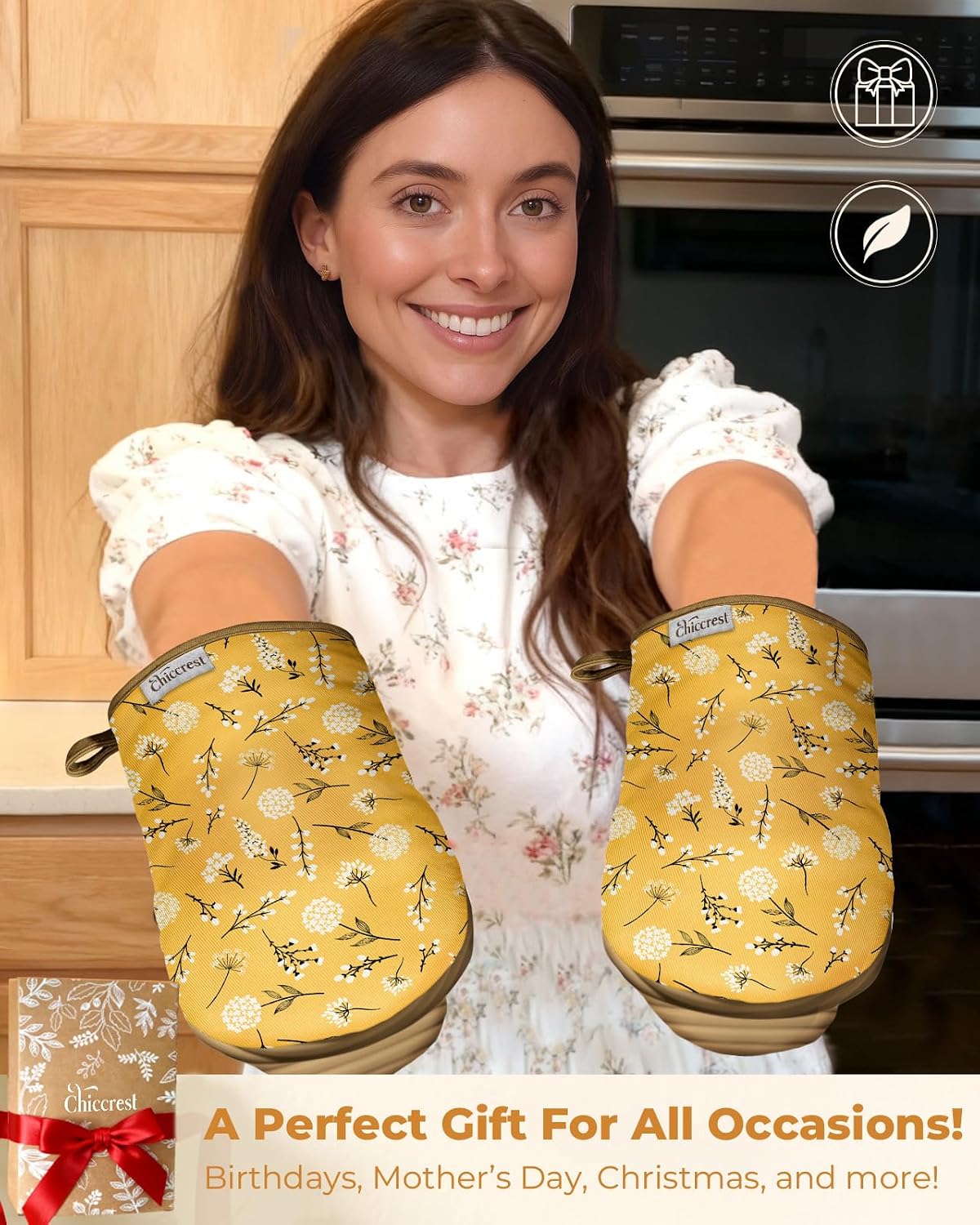 Mini Oven Mitts Heat Resistant with Full Ribbed Soft Silicone Grip - Yellow Flower Kitchen Mitts for Oven Washable Non-Slip 100% Cotton Oven Mitts for Women