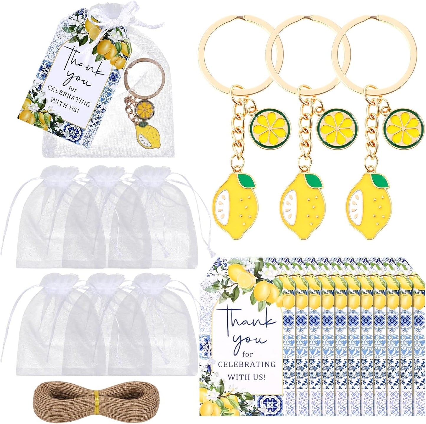 24 Sets Capri Lemon Keychain Party Favors with Thank You Cards & Organza Bags for Birthday Summer Wedding Baby Shower Return Gifts Mediterranean Style Italian Lemon