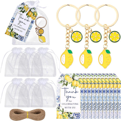24 Sets Capri Lemon Keychain Party Favors with Thank You Cards & Organza Bags for Birthday Summer Wedding Baby Shower Return Gifts Mediterranean Style Italian Lemon