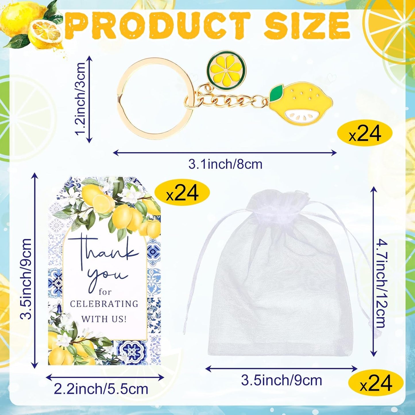 24 Sets Capri Lemon Keychain Party Favors with Thank You Cards & Organza Bags for Birthday Summer Wedding Baby Shower Return Gifts Mediterranean Style Italian Lemon