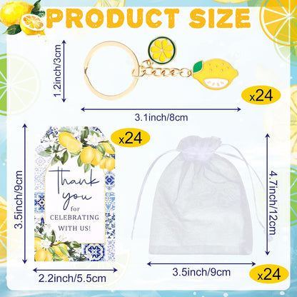 24 Sets Capri Lemon Keychain Party Favors with Thank You Cards & Organza Bags for Birthday Summer Wedding Baby Shower Return Gifts Mediterranean Style Italian Lemon