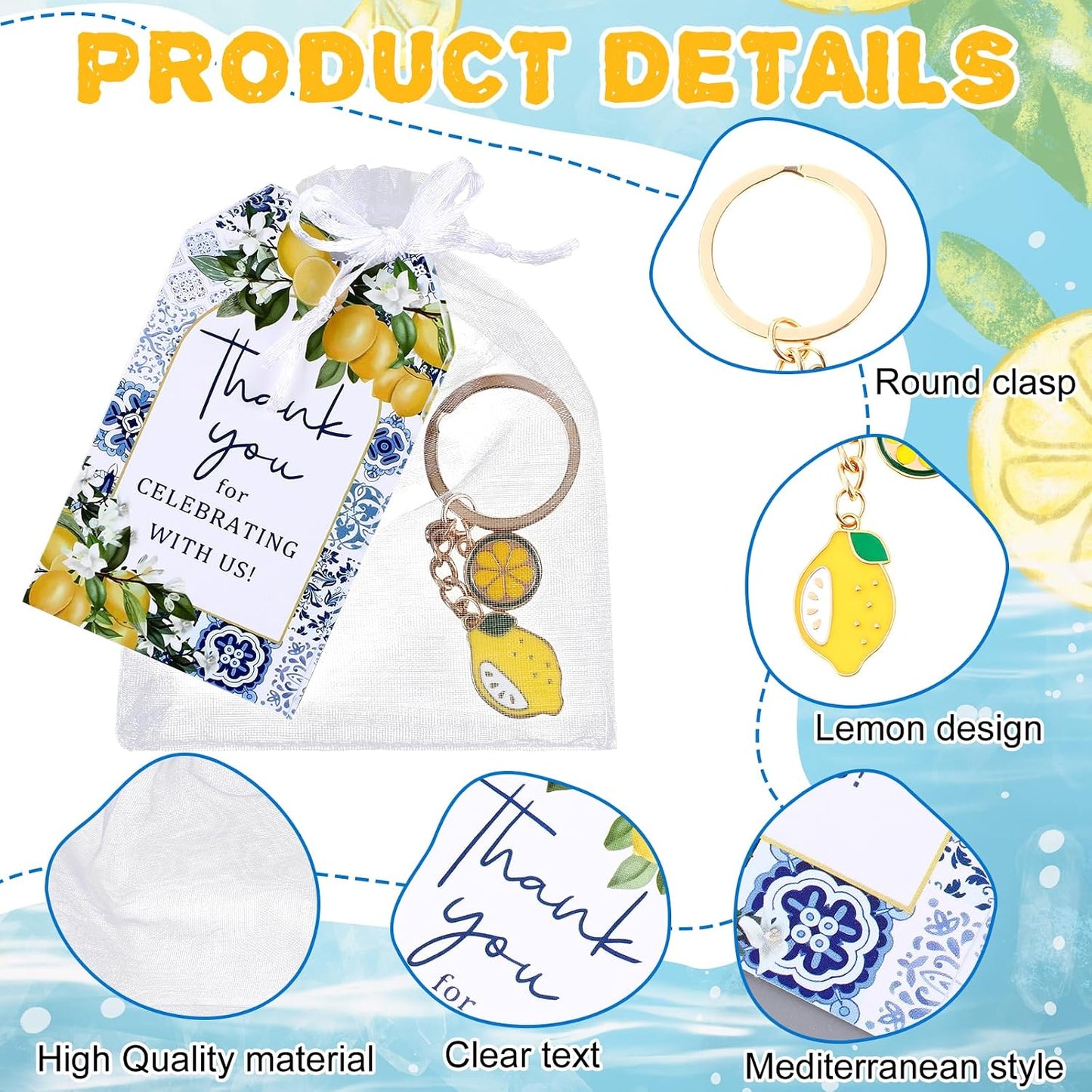 24 Sets Capri Lemon Keychain Party Favors with Thank You Cards & Organza Bags for Birthday Summer Wedding Baby Shower Return Gifts Mediterranean Style Italian Lemon