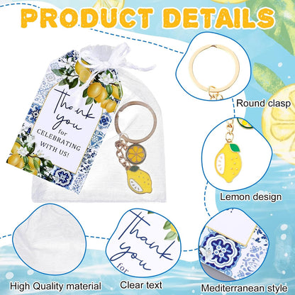 24 Sets Capri Lemon Keychain Party Favors with Thank You Cards & Organza Bags for Birthday Summer Wedding Baby Shower Return Gifts Mediterranean Style Italian Lemon