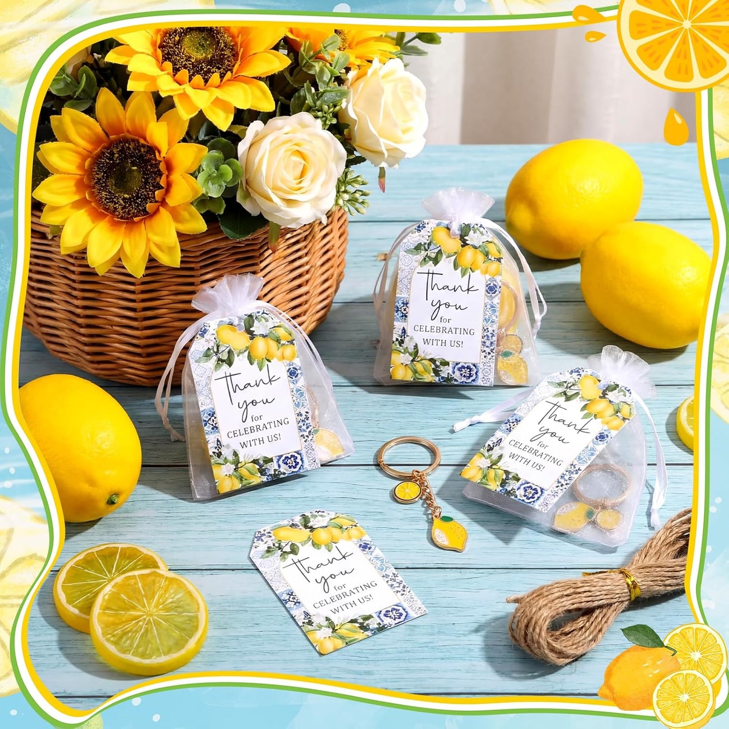24 Sets Capri Lemon Keychain Party Favors with Thank You Cards & Organza Bags for Birthday Summer Wedding Baby Shower Return Gifts Mediterranean Style Italian Lemon